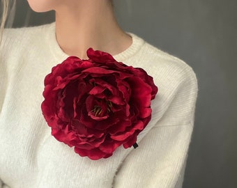 Large flower brooch Maroon/Dark Burgundy Handmade silk brooch Floral brooch pin corsage Wedding burgundy flowers Christmas gift accessory