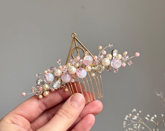 Wedding pink  Hair comb Gold Bridal Hair piece Potterhead Magic wedding Crystals After all this time? Always! Pearl pink golden headpiece