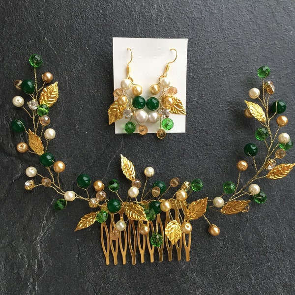 Emerald green hair comb Boho Wedding set Gold headpiece Bridal crystal hair vine Wedding hair piece Bridal earrings Gold leaf headpiece