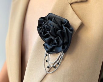Flower Brooch with chain Silk Flower Brooches in Different Colors BLACK Floral Brooches Big Flower Brooch & Pin Gothic Women gift Rose pin
