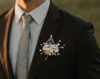 HP Wizard Boutonniere: White Silver, Bohemian Magical Groom Accessory
