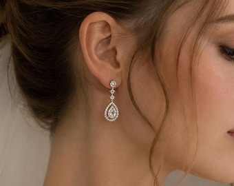 Diamond  drop bridal silver earrings,Minimalist wedding teardrop jewelry,bridesmaid cz earrings gift for her Sulvwr crystal earrings Classic