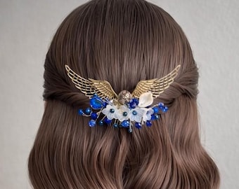 Blue snitch hair comb Bridal blue gold headpiece Gold Floral Hair Comb Gold wings hair piece HP magic accessory