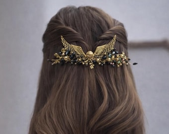 Bridal Gothic Hair Comb Gold Wedding Hair Piece Magic Wedding Wizard Wedding headpiece Gold snitch hair piece Haloween wreath Accessory