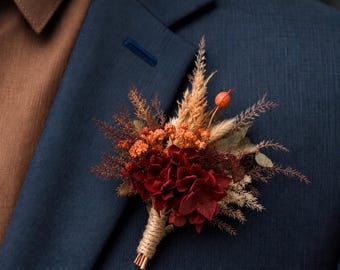 Terracotta Rust boutonniere  Dried flower Hair pins Autumn Hair pins Orange Hair clips Buttonhole Rustic Floral Boho headpiece Fall jeweley