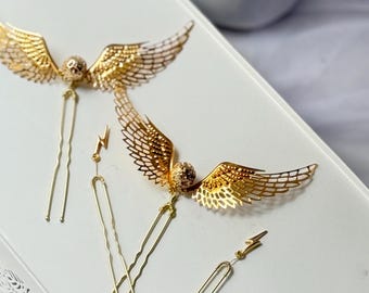 Gold wings Snitch Hair comb Magical Blue gold headpiece Bridal mistery Hair accessory Dark blue Hair piece Golden bohemian wedding accessory