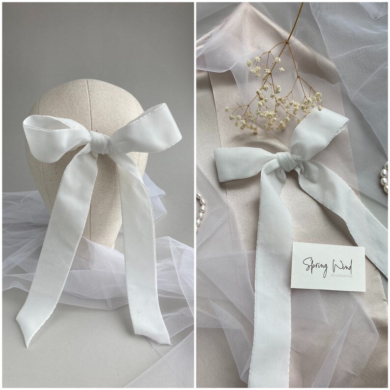 Velvet Bow Christmas accessory barrette or hair tie Boho wedding headpiece Flower girl bow Clip bow Ribbon bow Wedding Bridal white bow image 2