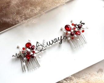 Red wedding Hair piece Burgundy HP comb Always Magic wedding hair accessory Harry Snitch Wizard wedding headpiece Autumn Hair clip Maroon