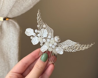 Silver wings Hair comb Snitch magic wedding Hair piece Elf wings hair accessory Bridal Silver leaves Hair wreath  Boho Hair piece Pearl comb