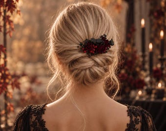 Gothic wedding Hair comb Burgundy rose Black Hair piece Halloween Hair  piece Black wedding Hair accessory Red comb Magic comb Dark Red