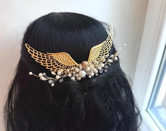 Gold wings Hair comb Snitch magic wedding Hair piece Extra Large wings hair accessory Bridal Silver leaves Hair wreath Elf hair comb Boho