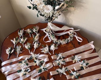 Green Ivory Dried Bouquet Boutonniere Wedding Hair Accessories Green wreath Rustic Greenery Hair comb Hair pins Boutonniere Winter wedding