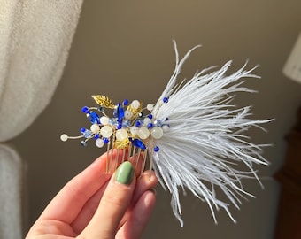 Feather Blue comb Ostrich feather hair piece Blue gold  Bridal hair accessory Feather hair comb Bohemian Hair piece  Wedding hair piece