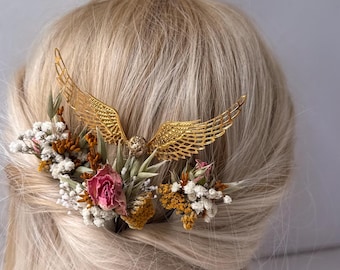 Wildflower hair pins Gold snitch Wings Yellow Pink Green hair pins Boho Dried Flower Hair Pins Dried Gypsophila Wedding Colorful Rose  clip