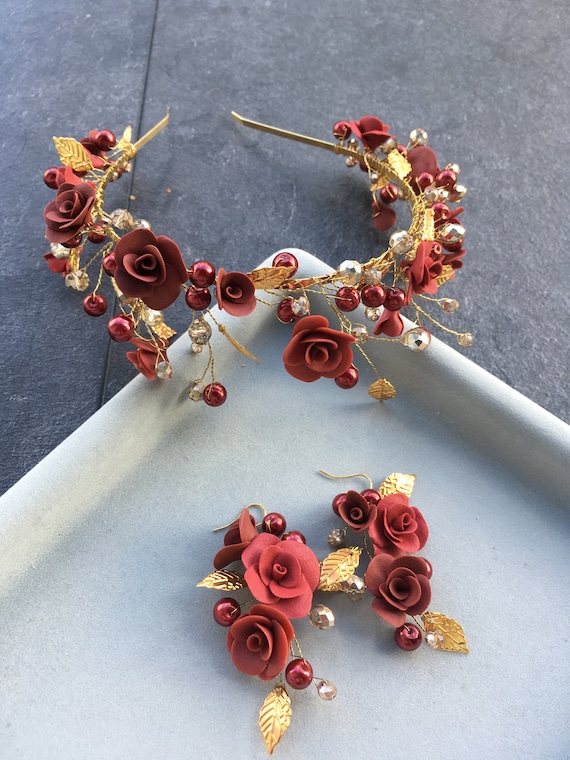 Floral Crown Burgundy and Gold Crown Winter Wedding Tiara  display picture 1