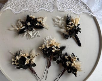 Gothic wedding White black Hair comb Dried  flower Black Hair piece Halloween Boutonniere Gothic Black wedding Flower Hair accessory Comb