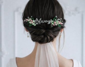 Spring Colorful wedding hair comb Snitch Floral Green Pink hair piece Wings Summer Flower Always comb Woodland After all this time? Always
