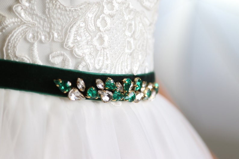 Emerald Green Bridal Sash Gold Crystal Beaded Sash Velvet Betl Etsy