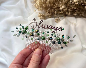 Green Always hair comb Wizard Emerald wedding accessory Bridal Greenery Hair piece Silver  hairpiece Magic Potterhead Bridal hair piece