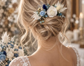Flower blue comb Something Blue Wedding blue hair clip Boutonniere Blue flower bracelet Corsages Butonhole navy blue  Dried flower accessory