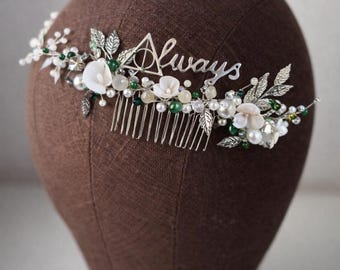 Emerald Bridal hair piece HP wedding Bohemian AlwaysBridal Magic wedding Pearl Hair comb Flower Green Hair piece After all this time? Always