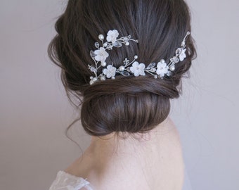 Spilla per capelli da sposa Accessorio floreale per capelli Argento copricapo da sposa Fiore capelli vite Copricapo da sposa Fiore capelli di perle vite Capello fiore Boho