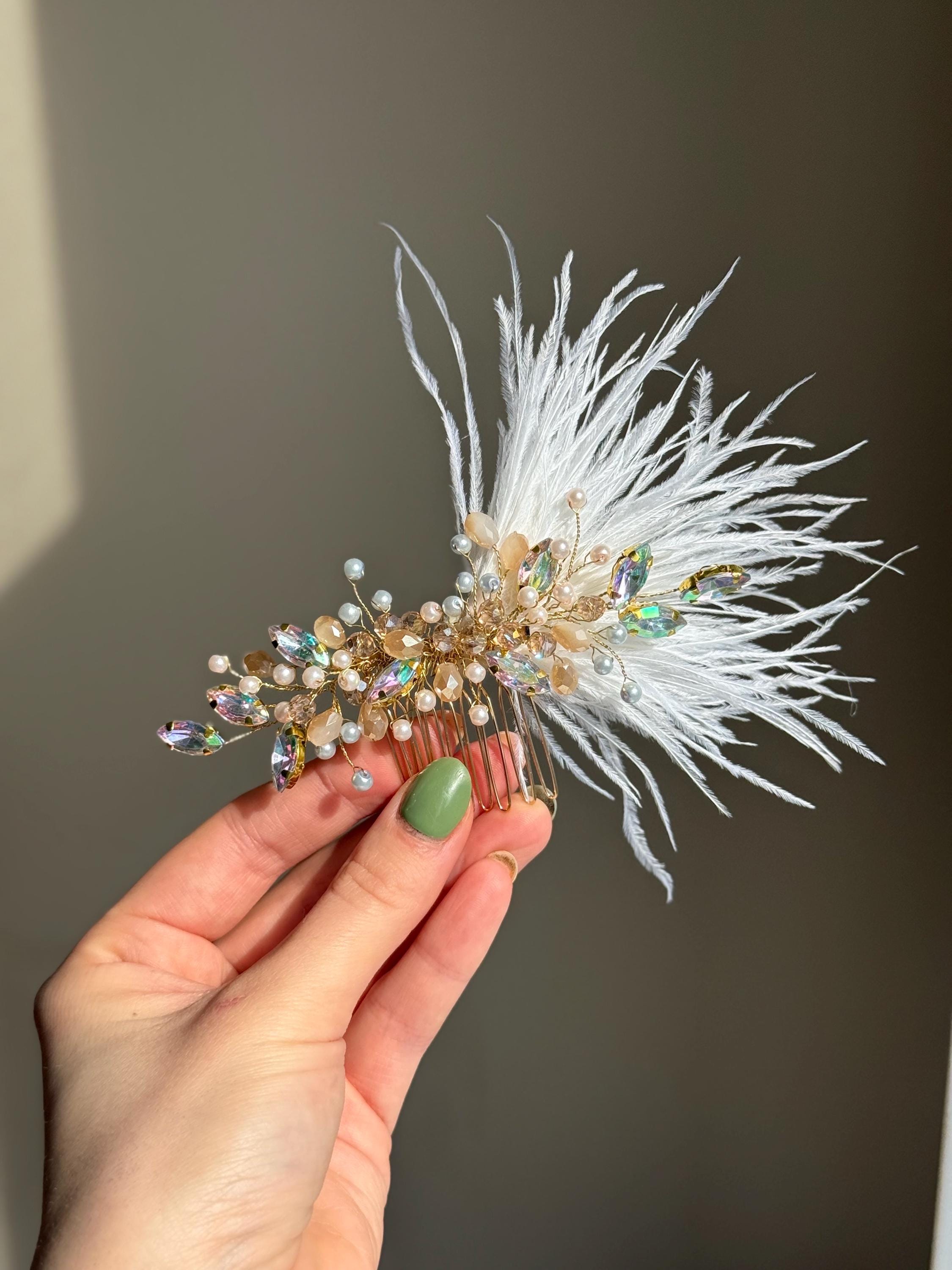 Borrowed & Blue Crystal CZ Stone White Ostrich Feather Hair Comb Blue Ostrich Feather Crystal Bridal Hair Pins Set – Elegant  main image 4