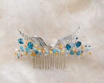 Colorful wedding Snitch Silver Hair comb Bridal Hair piece wedding Blue yellow pink hair comb HP wedding Hair accessoey Turqouse yellow comb