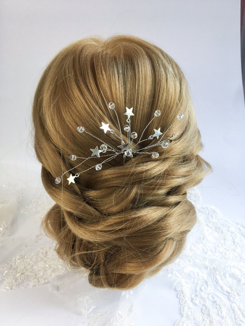 Celestial silver bridal headpiece Star Bohemian silver hair piece Celestial silver star headpiece Celestial wedding hair piece Silver comb image 7