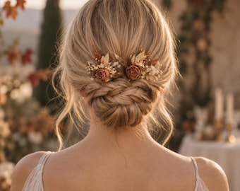 Boho Dried Flower Hair Pins Dry rustic Cowboy Wedding Hair Accessories Rustic hair clip Dried rose brown hair pins Fall headpiece Bohemian