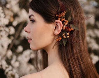 Terracotta ear cuff Orange fall hair piece Autumn wedding hair accessory Rust earrings Ear climber green orange clip Bihemian fall accessory