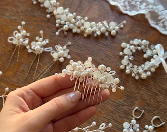 Bridal Pearl Small Hair  piece White Hair Comb Bohemian Wedding Hair Piece Bridal wreath wedding Bridal earrings  Pearl vine long Headband
