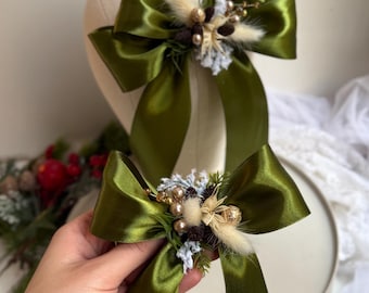 Conjunto de tocados de invierno verde y dorado para mamá e hija, peine navideño, pinza navideña Gibgerbread, regalos de Navidad para niña, tocado con lazo navideño