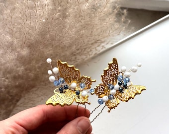 Butterfly hair pin Blue butterfly wing hair clip Fairy blue wing hair accessories Magic wedding flower butterfly hair comb Blue gold clip