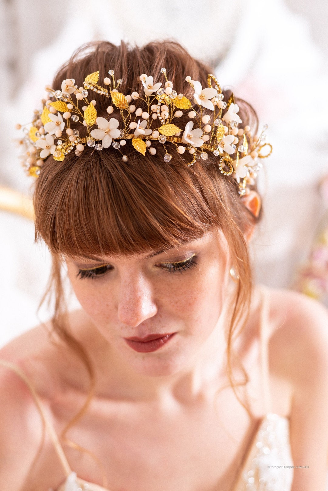 Corona Fiore Boho Copricapo D'oro Da Sposa Tiara Corona In Foglia D'oro - Foto 8