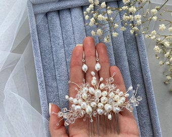 Bridal hair comb Pearl hair comb Wedding set Pearl earrings Bridal bracelet Boho Wedding hair piece Crystal hair comb Small pearl hair piece