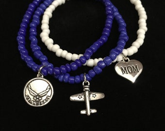 Blue and white beaded stretch Air Force Mom bracelets, set of three