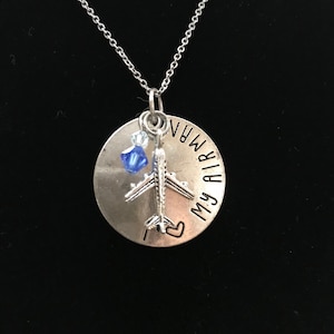 Air Force necklace, &quot;I love my Airman&quot;. Silver tone pendant necklace with drop airplane charm and genuine Swarovski crystals.