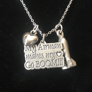 My Airman Makes My Heart Go Boom Three Charm Necklace