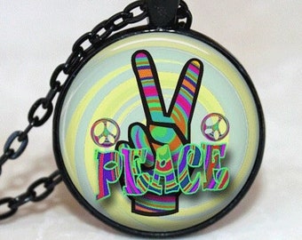 Peace Sign Necklace Glass Tile Necklace Glass Tile Jewelry Peace Sign Jewelry Silver Jewelry  Silver Necklace Black Jewelry