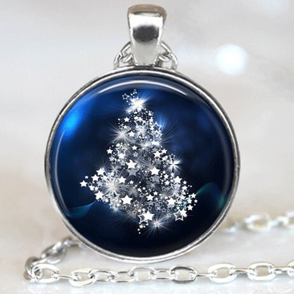 Christmas Necklace Christmas Jewelry Glass Tile Necklace Glass Tile Jewelry Holiday Necklace Holiday Jewelry Christmas Tree Blue Jewelry