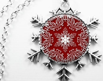 Christmas Necklace Christmas Jewelry Snowflake Pendant Snowflake Jewelry Glass Tile Necklace Glass Tile Jewelry Holiday Jewelry
