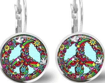 Peace Sign Earrings Hippy Earrings Hippy Jewelry Glass Tile Earrings Glass Tile Jewelry Peace Sign Jewelry Flower Jewelry  Silver Jewelry