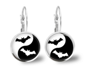 Bat Earrings Bat Jewelry  Halloween Earrings Halloween Jewelry Ying Yang Jewelry Ying Yang Earrings Silver Earrings Glass Tile Jewelry