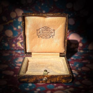 Boîte à broches antique en cuir écaille de tortue marron victorien des années 1900 en soie fiançailles intérieures