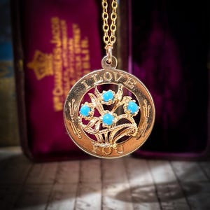 Antique Turquoise I Love You Medal Pendant in 9 Carat Gold Necklace C. 1950&#39;s Charm