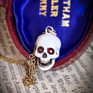 Vintage Memento Mori Pendant in Silver Garnet Eyes Charm Necklace Georgian Revival Enamel Skeleton