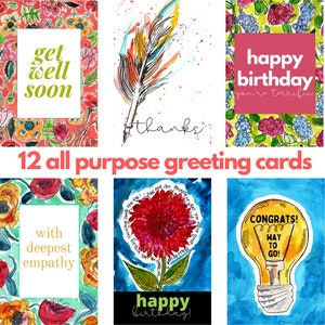 12 All Occasion Greeting Cards // Variety Encouragement // birthday blank inside // get well congrats set // Inspirational pack // envelopes image 1
