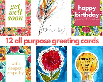 12 All Occasion Greeting Cards // Variety Encouragement // birthday blank inside // get well congrats set // Inspirational pack // envelopes