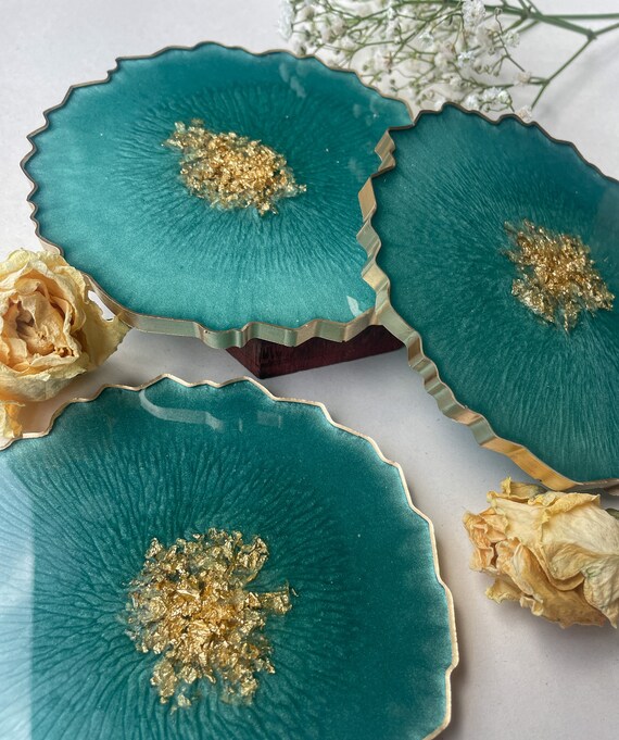 Teal and Gold Coaster Set Etsy UK